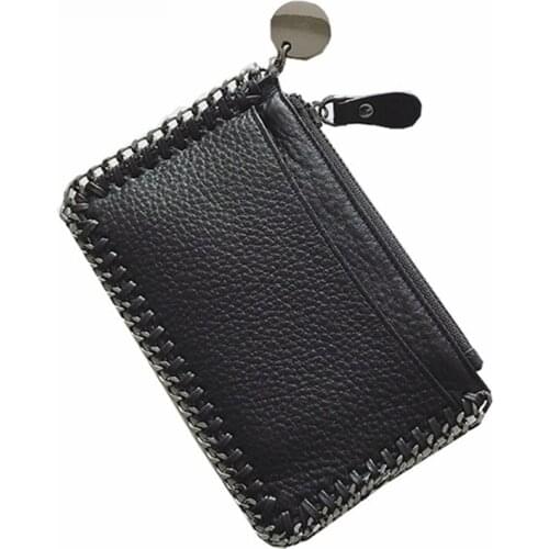 2021 New Fashion Women Short Wallet Genuine Leather Black Coin Purses Chains Decor Mini Wallets for Women Ladies Purse