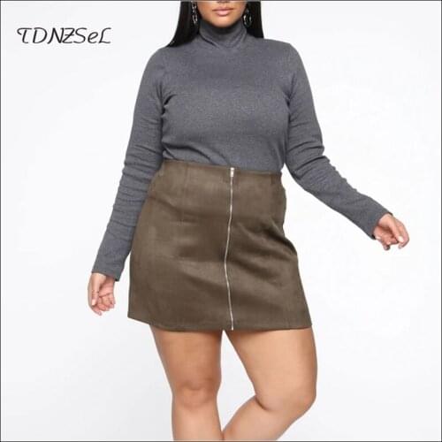 Autumn Women Suede Leather Mini A-line Skirt Chic Zipper Army Green Skinny High Waist Office Lady Commute Skirt 2020 New Custom