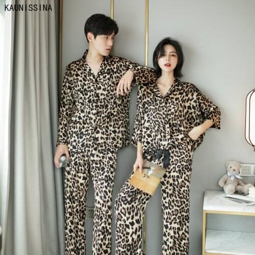 Leopard Print Pajamas Sets Luxury Satin Silk Couple Sleepwear Women Men Turn-down Collar Autumn Night Suits Lounge Couple Pajama