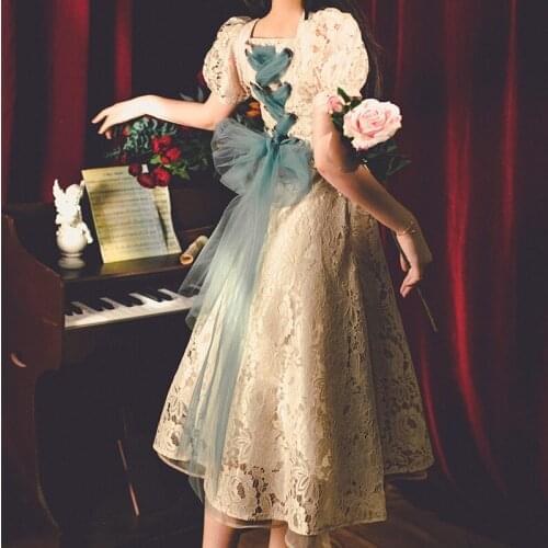 Dress Women 2021 Elegant Casual Court Retro Style Bowknot A-Line Lace Fairy High Waist French Vintage Dresses Wedding Events