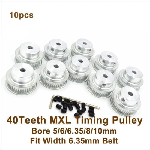 POWGE 10pcs 40 Teeth MXL Timing Pulley Bore 5/6/6.35/8/10mm Fit W=6.35mm MXL Belt 3D Printer,Ultimaker(40T 40Teeth MXL Pulley)