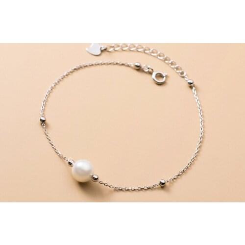 Real 925 Sterling Silver Pearl and beads Chain bracelets Simple Jewelry for Women