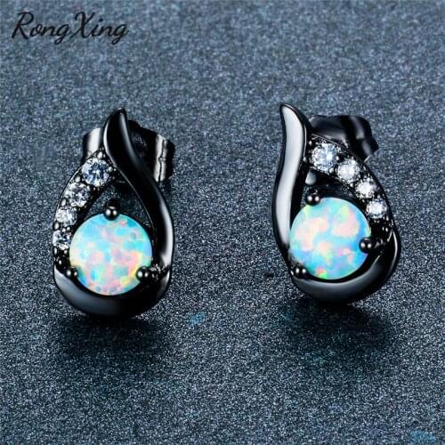 RongXing Cute Wing White Fire Opal Stud Earrings For Women Silver Color/Rose/Black Gold Filled Birthstone Earring Ear0774