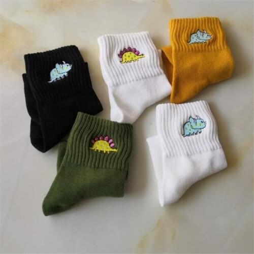 Cute Women Embroidery Dinosaur Cotton Socks White Lovely Cartoon Animal Vintage Short Socks Novelty Crazy Funny Cozy Sock Funky