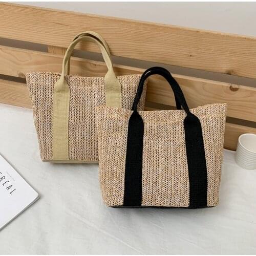 Fashion Women Straw Woven Bag Contrast Color Shopping Bags Casual Ladies Summer Beach Vacation Large Capacity Tote Handbag