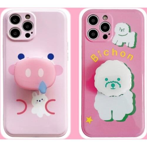 Japan Korea Cute 3D Pig Dog Animal Bracket Phone Case For iPhone 12 11 Pro Max X XS Max XR 7 8 Plus Mini SE 20 Holder Back Cover