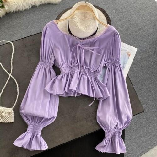 2020 autumn new female deep O-neck lantern sleeve slim ruffles chiffon shirt womens solid lace-up blouse women shirts top