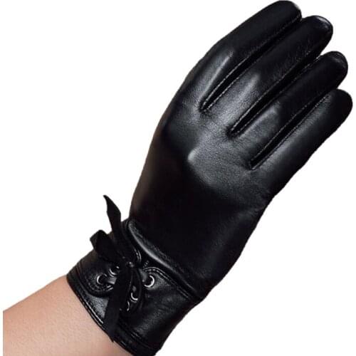 Womens Genuine Leather Gloves Winter Thick Warm Black Classic Sheepskin Touch Screen Gloves Mittens