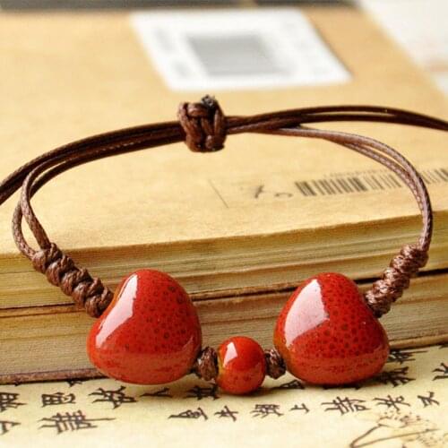 Double Heart Bracelet For Women Ceramic Beaded Bracelets Love Heart Bangle Ethnic Handmade Rope Knot Bangles Jewelry Accessory