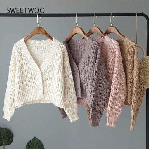 2021 Autumn Womens Retro Style Solid Color One Button Loose V-neck Knitted Cardigan Sweater Womens Coat Pink White