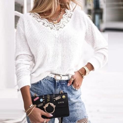 Women Knitted Sweaters Lace Patchwork V-Neck Solid Long Sleeve Elegant Casual Pullover Tops Autumn 2021
