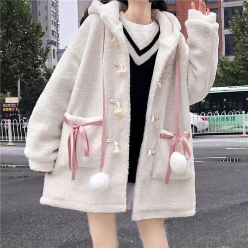 2021 Winter Women Kawaii Cute Coat White Cardigan Lolita Woolen Coats Hooded Harajuku Female Lamb Wool Warm Embroidered Jacket