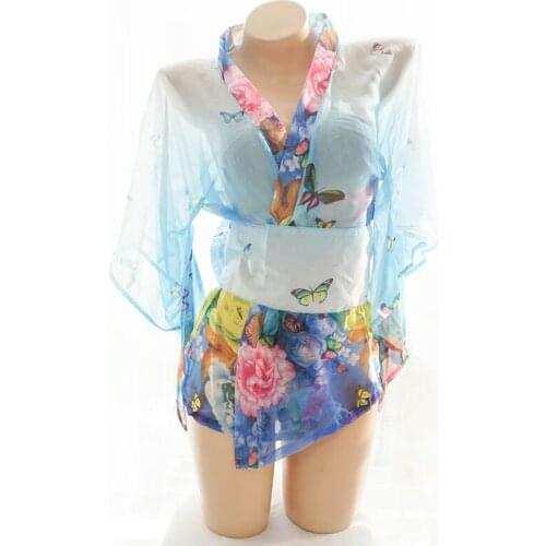 Women Japanese Kimono Sleepwear Sexy Deep V-neck Kimono Satin Floral Printed Nightwear Short Bath Robe Pajama Dress