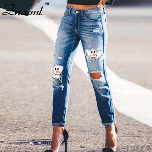 Znaiml Fashion Hole Ripped Cartoon Patchwork Jeans Women High Waist Skinny Denim Jeans Pants Summer Slim Pencil Jeans Trousers
