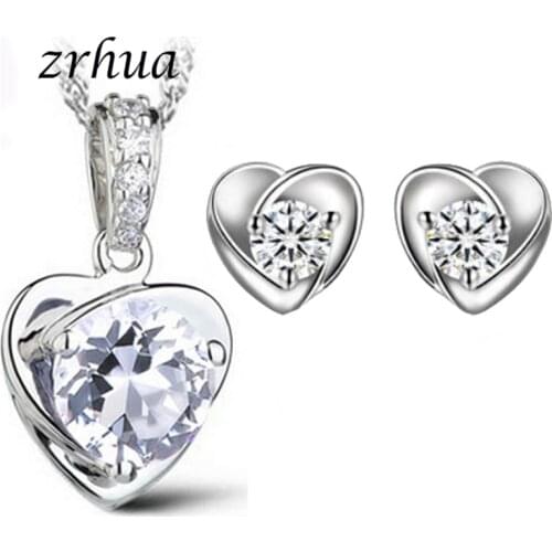 ZRHUA 925 Sterling Silver Bridal Jewelry Sets For Wedding Party Shiny Zircon CZ Crystal Pendant Earrings Necklaces Hot Sale