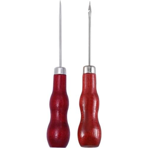 2 Pcs Wooden Handle Awls Gourd Shape Leather Hole Puncher DIY Tailor Sewing Stitching Needles Pin Punching Positioning N0PA