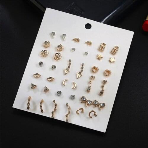 21 Pairs One Card Fashion Micro-Inlaid Rhinestone Pearl Lock Bow Heart-Shaped Five-Pointed Star Combination Earring Set Female