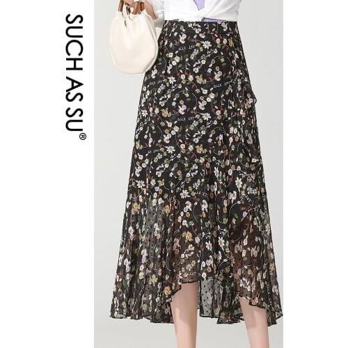 Asymmetry WomenS Summer Skirts 2021 Black Blue Floral Chiffon Mermaid Skirt High Waist Ruffle Print Skirt S-3XL Size Slim Femal