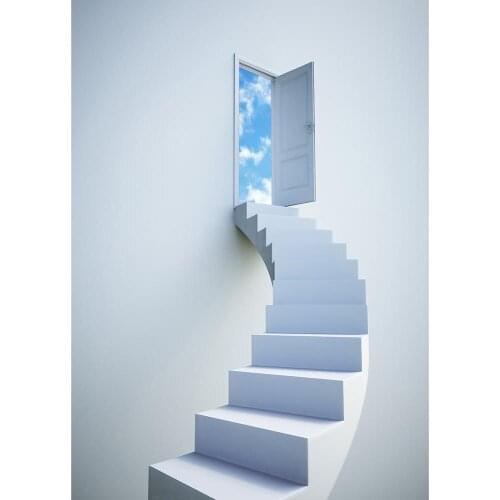 White Wall Steps Door Sky Photo Background Computer Printed Backdrop for Baby Portrait Children Toy Photoshoot Photography Props