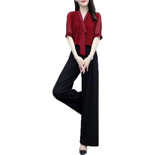 Pant Suits 2021 Spring Summer Short-Sleeved Wide-leg Pants Two Piece Set Women Korean Temperament High-Waist Pants Sets 138