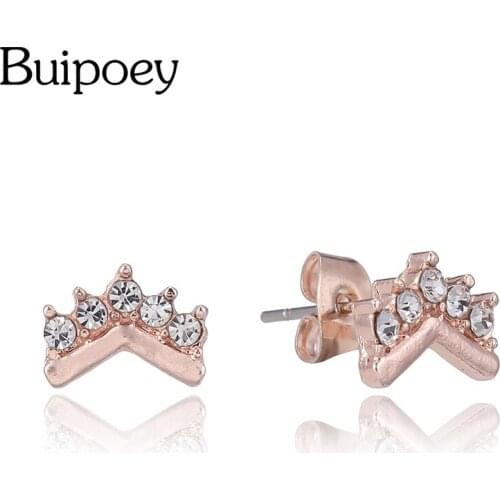 Buipoey Rose Gold Shiny Crown Wishing Bone Earrings For Ladies Women Fine Stud Earrings Jewellery Birthday Gift Anti Allergy