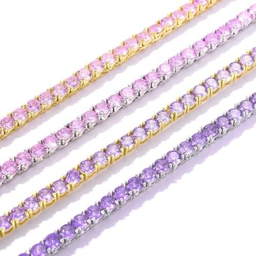 Hip Hop Bling Iced Out Tennis Chain Necklace 1 Row Pink Purple CZ Stone Link Chain Choker Necklace for Women Men Rapper Jewelry