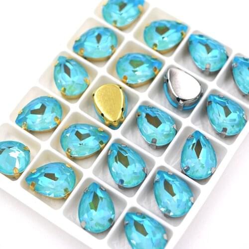 Hot sale Teardrop shape Sea blue Mocha fluorescence Glass Crystal sewing claws flatback rhinestones for clothing/Hair clip