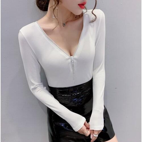 T shirt Women 2021 White Clothes Diamond Zipper Cotton Korean Female T-Shirt Gray Tops Black Long Sleeve Tee Shirt