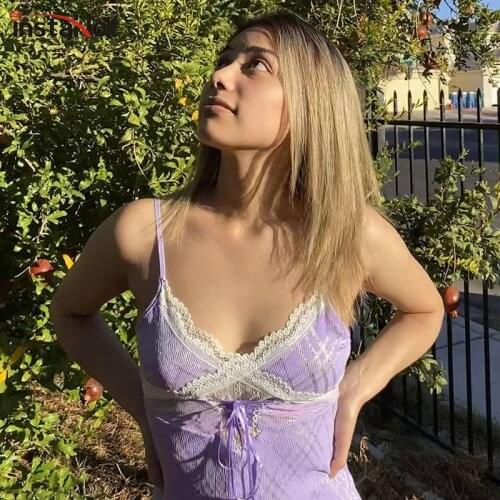 InstaHot Casual Lace Patchwork Camis Y2K Streetwear 2021 Summer Fashion Plaid Bandage Camisole Crop Top Vintage Camisole Corset