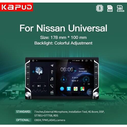 Kapud Android 10.0 AutoRadio 7 inch 2Din Universal GPS Multimedia Unit Player For Nissan Size 178mm*100mm