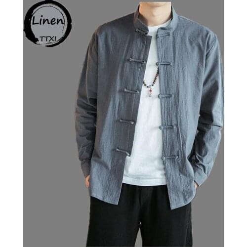 Chinese Style Men Shirt Button Stand Collar Long Sleeve Casual Loose Tops Solid Color Vintage Tang Suit Shirts Men Plus Size 5XL