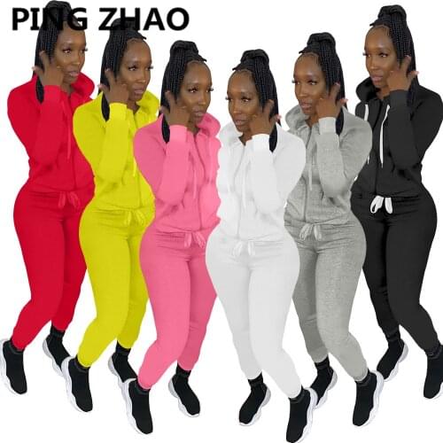PING ZHAO Women Set Solid Zipper Hooded Tops and Pants Two Piece Set Autumn Casual Sport Fitness Outfit 2021