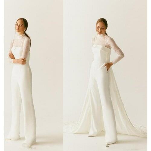 Lace Top Wedding Jumpsuit with Detachable Train 2020 Modern Lace Long Sleeve Jacket Bohemian Beach Bride Dress with Pant Suit