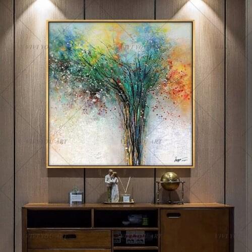 Best Handmade Wall Decorative Colorful Life of Tree Picture Hand Painted Palette Knife Rich Tree Landscape Oil Painting