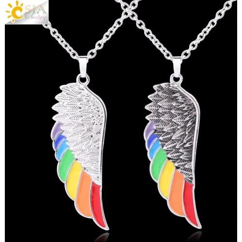 CSJA Stainless Steel Angel Wing Necklace for Men Women Rainbow Enamel Beads Vintage Necklace European Fashion Charm Jewelry F637