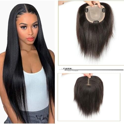 Silk Top Women Toupee Hair Piece Volume Extension Straight Lace PU Human Remy Hair Natural Black Color Double Knots
