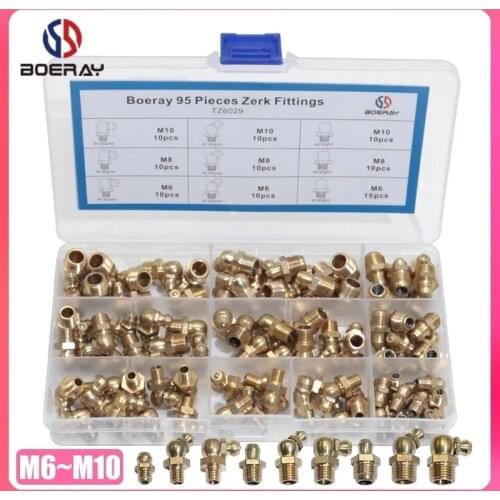 95pcs M6 M8 M10 Brass Zerk Straight and 90 and 45 Degree Grease Nipple Fitting Assortment Kits