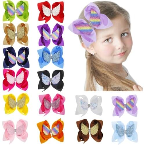 Nishine 1PCS 6" Angel Wings Bow Hairpin Shining Ribbon Bows Kids Hair Clips Cute Baby Girls Headwear Hair Accessories