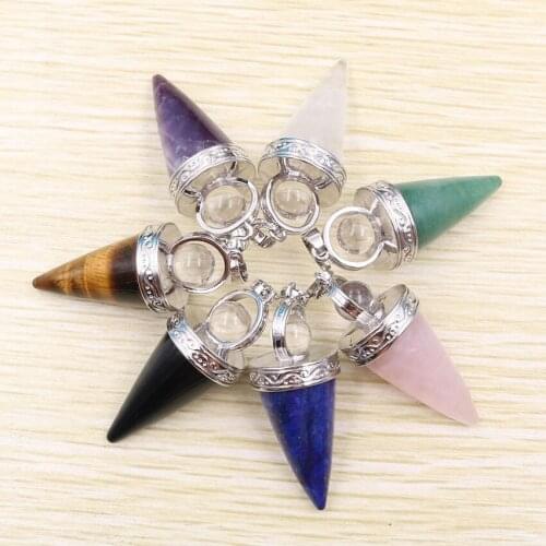 YJXP Cone Shape Pendants Necklaces Bullet Reiki Natural Stone Pink Quartzs Purple Crystal Chain Necklace for Women Men Jewelry