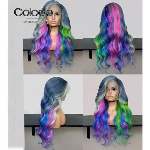 COLODO Rainbow Color Ombre Human Hair Wig Pre Plucked Lace Front Human Hair Wigs Brazilian Remy Transparent Lace Wigs for Women