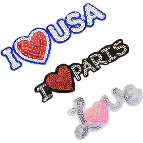 50 Pcs/lot sequins Embroidery Patch Letter Love Paris Applique Stickers Iron Angel Wing Bag Clothing Sewing Accessories