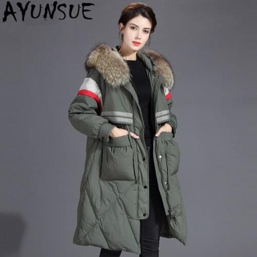 AYUNSUE Real Raccoon Fur Hooded Womens Winter Down Jacket Woman Coat Female Thick Warm White Duck Down Parkas Womens Costumes