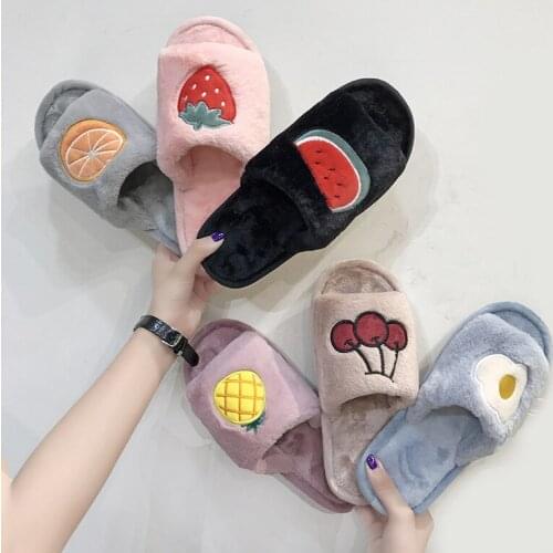 House slippers cute fox fur slides women shoes New fruit fur slippers flat soles casual slippers flip flops women shoes size 10