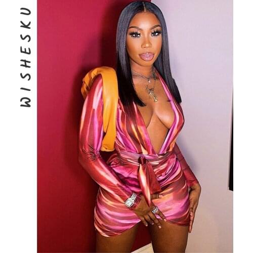 Sexy Tie Dye Deep V Neck Bodycon Mini Dress Women Bandage Long Sleeve Festival Clothing 2021 Fall Fashion Streetwear Club Robe