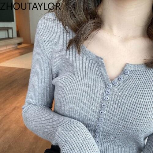 ZHOUTAYLOR Sweater Women Sweet Office Lady Elegant V-Neck Button Tops Femme Full Sleeve Solid Autumn new Sweaters Female