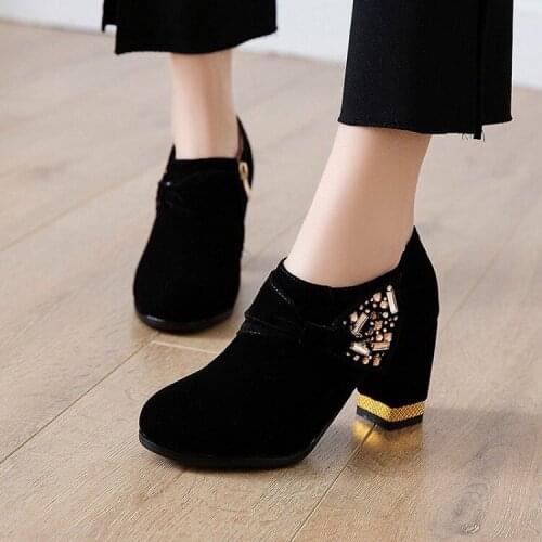 PXELENA Square Chunky High Heel Pumps Ladies Shoes Velvet Crystal Office Shoes Women Round Toe Zip Retro Black Red 2019 Plus Sz