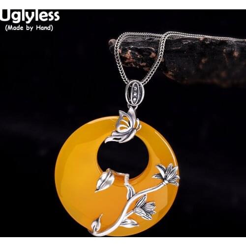 Uglyless Spring Coming Thai Silver Butterfly Flowers Pendants for Women Chalcedony Buttons Necklaces NO Chain 925 Silver Jewelry