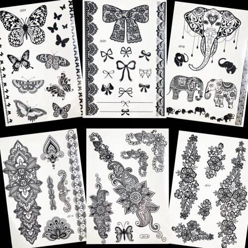 Temporary Women Black Tattoo Stickers Girls Bow Tie Bracelet Waterproof Tatoos Body Arm Chains Henna Flower Fake Tattoo Supplies