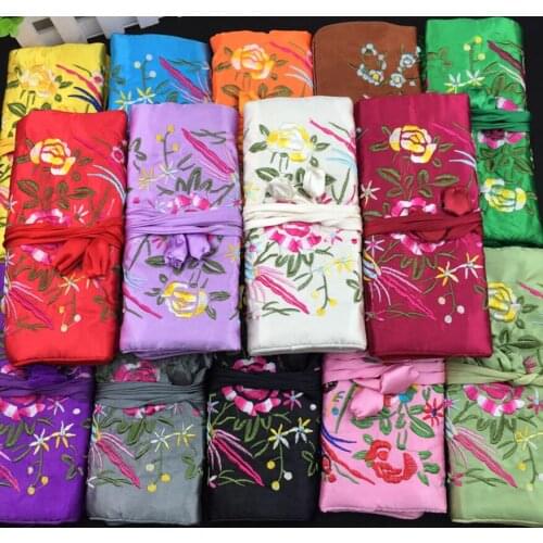 Embroidered Floral Make up Wrap Jewelry Roll Travel Storage Bag Necklace Earring Ring Clutch Bag Silk Women Cosmetic Pouches