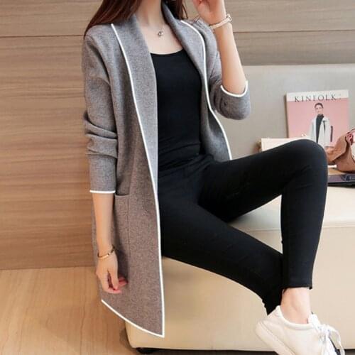 Plus Size Women Long Coats Long Sleeve Casual OL Spring Cardigan Pocket Solid Jumper Coat Black Gray Ladies Casual Jacket